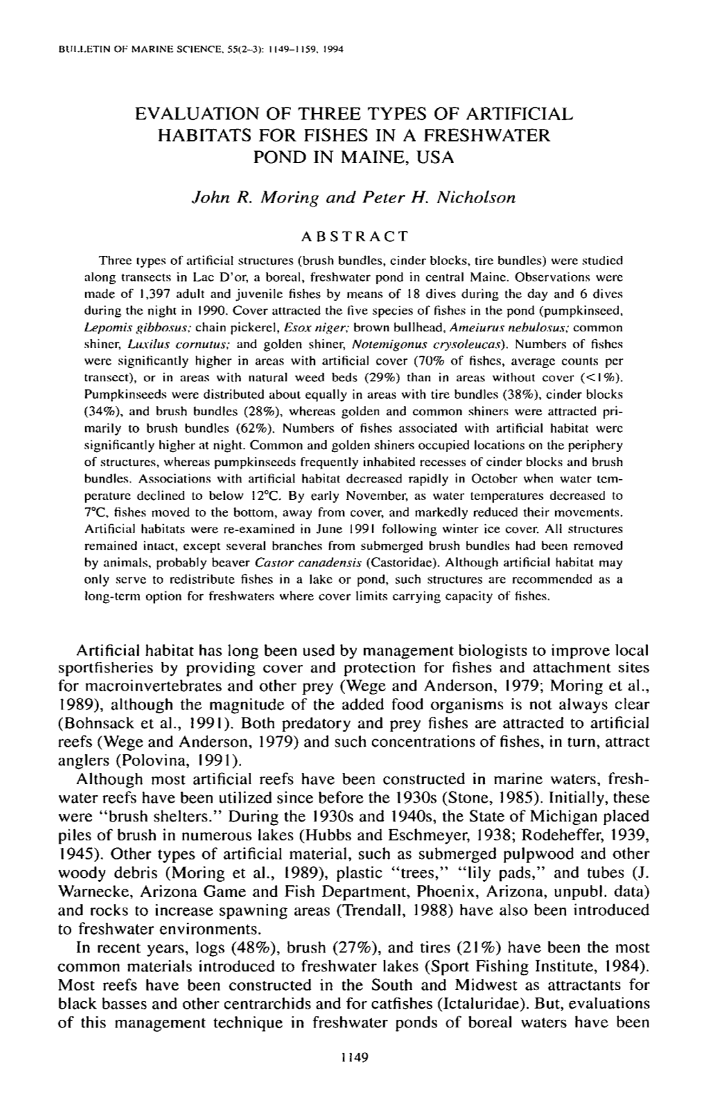 Evaluation of Three Types of Artificial Habitats for Fishes in a Freshwater Pond in Maine, Usa