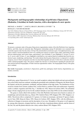 Zootaxa, Phylogenetic and Biogeographic Relationships of Gerbil Mice Eligmodontia