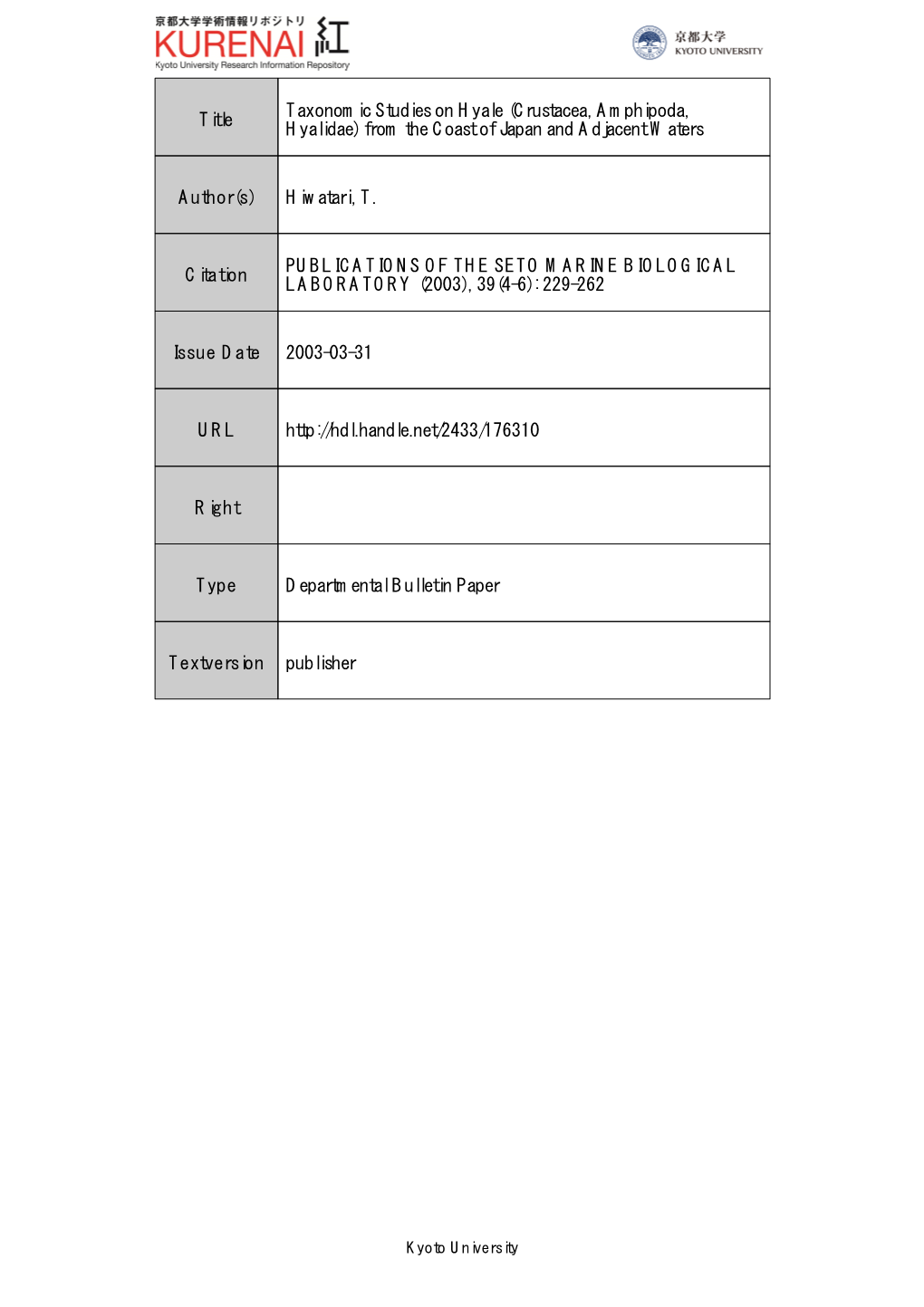 Title Taxonomic Studies on Hyale (Crustacea, Amphipoda, Hyalidae)