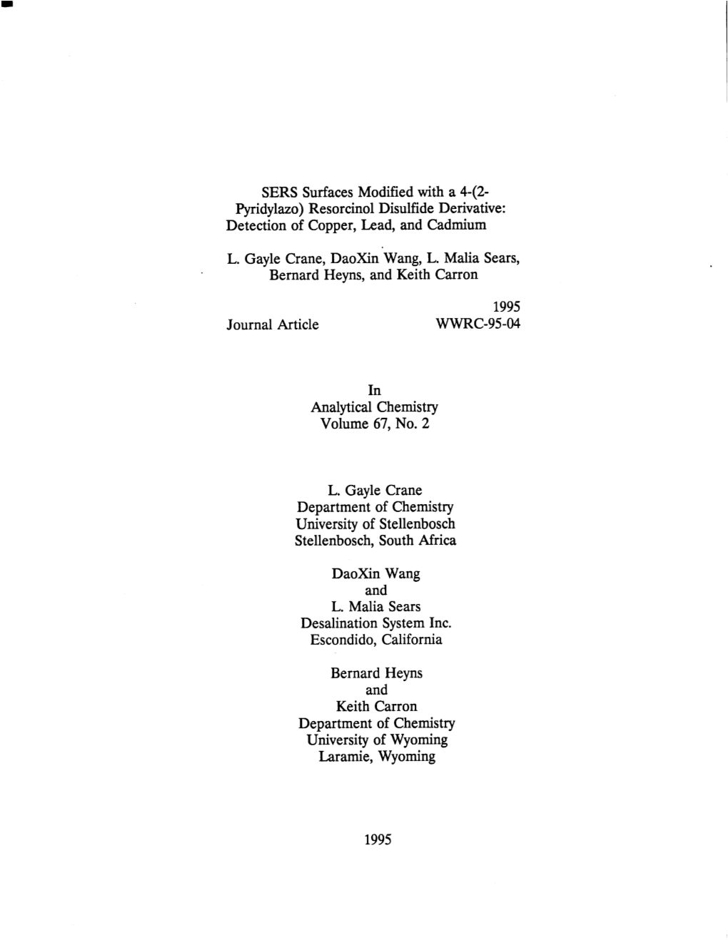 SERS Surfaces Modified with a 4-(2- Pyridylazo) Resorcinol Disulfide Derivative: Detection of Copper, Lead, and Cadmium