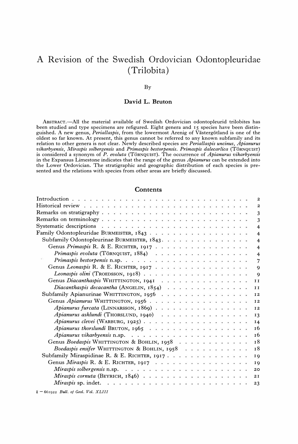 A Revision of the Swedish Ordovician Odontopleuridae