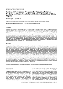 The Policies and Production in Maternal Mortality Reduction in Cross