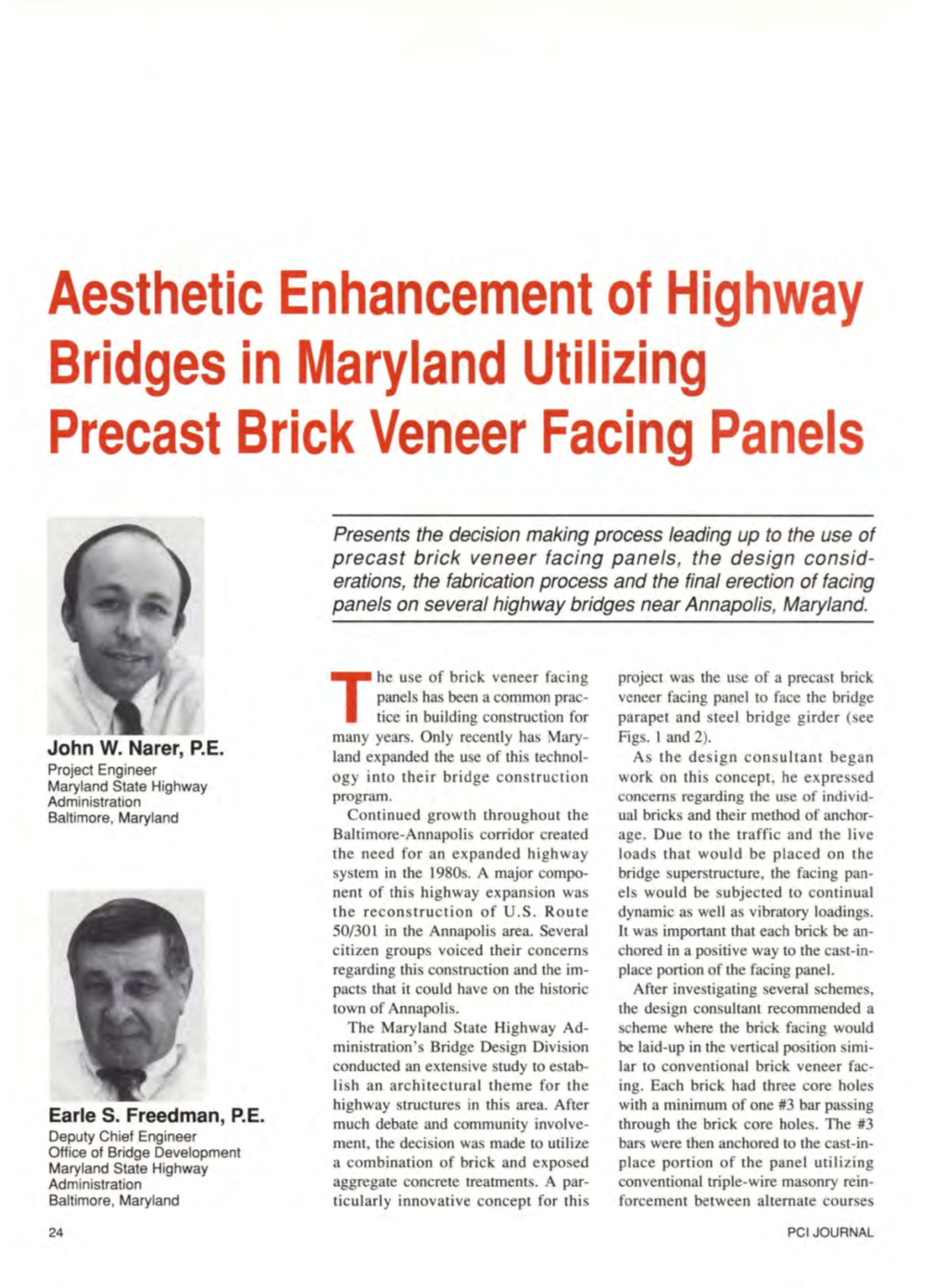 Aesthetic Enhancement of Highway Bridges in Maryland Utilizing Precast Brick Veneer Facing Panels