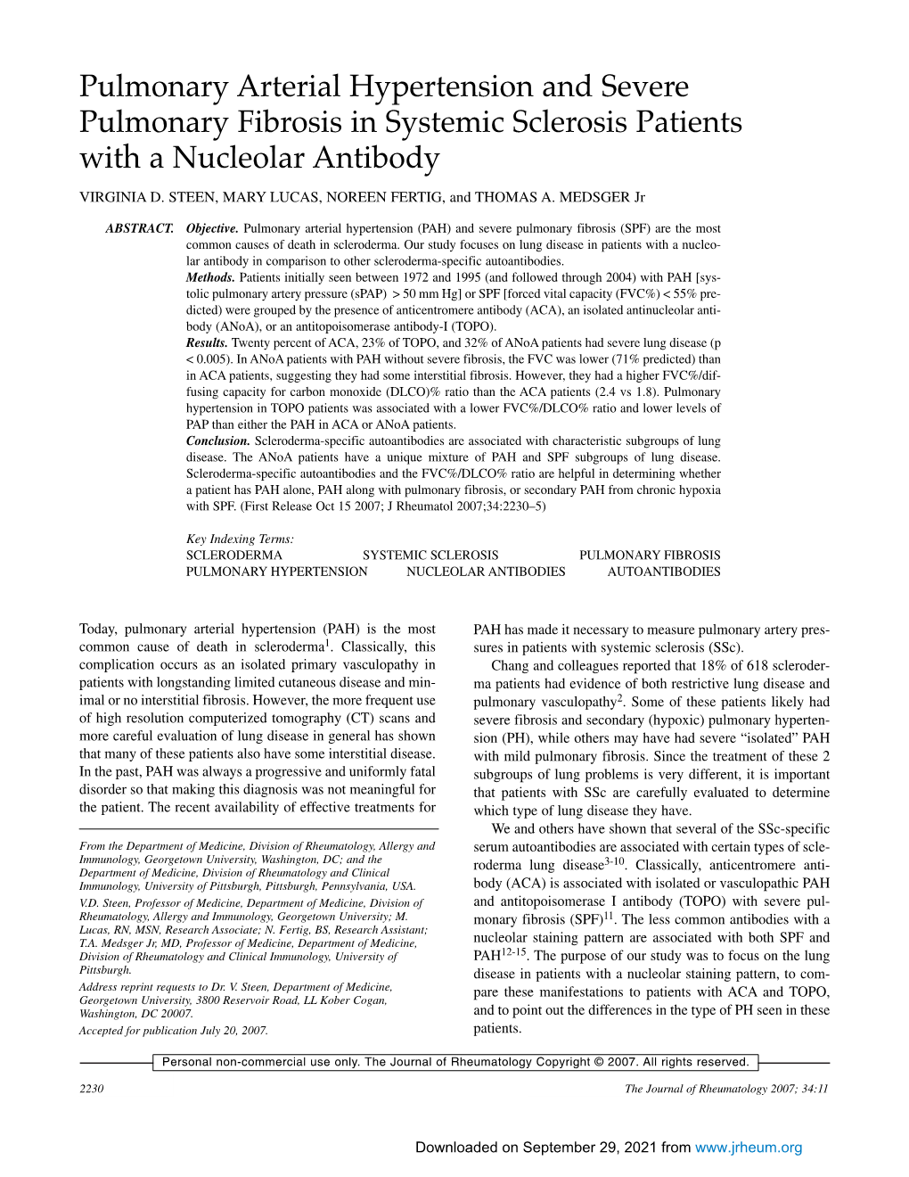 Pulmonary Arterial Hypertension and Severe Pulmonary Fibrosis in Systemic Sclerosis Patients with a Nucleolar Antibody VIRGINIA D