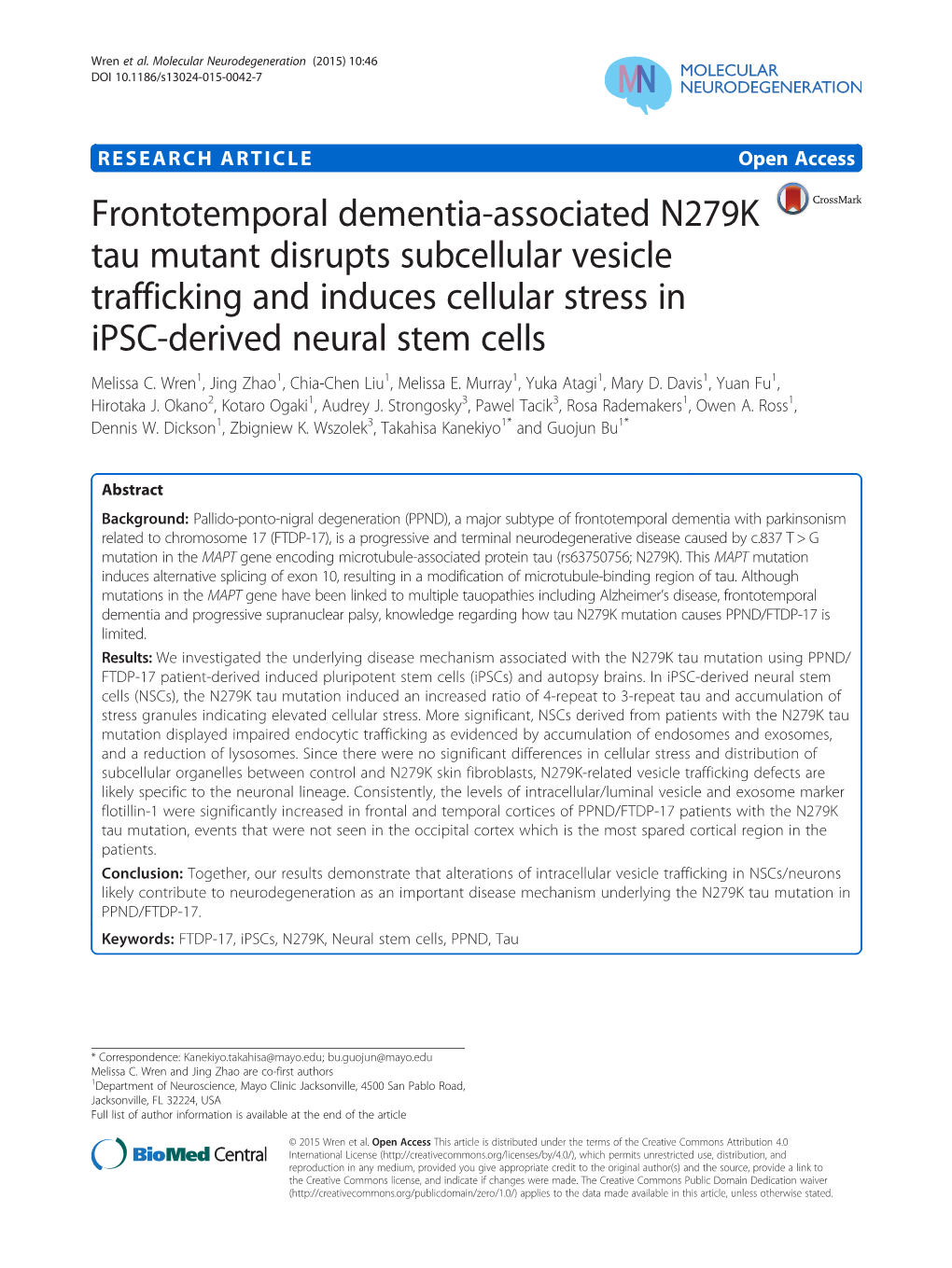 Frontotemporal Dementia-Associated N279K Tau Mutant Disrupts Subcellular Vesicle Trafficking and Induces Cellular Stress in Ipsc-Derived Neural Stem Cells Melissa C