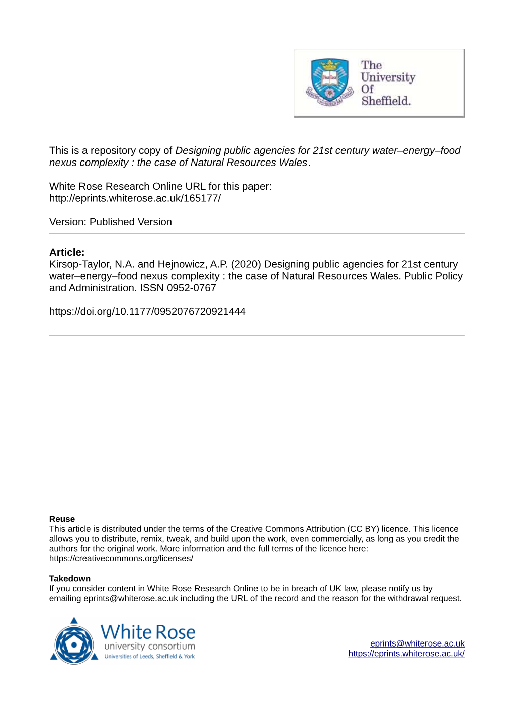 Designing Public Agencies for 21St Century Water–Energy–Food Nexus Complexity : the Case of Natural Resources Wales