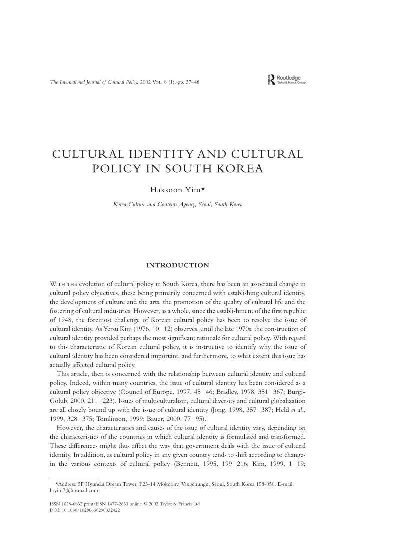 Cultural Identity and Cultural Policy in South Korea