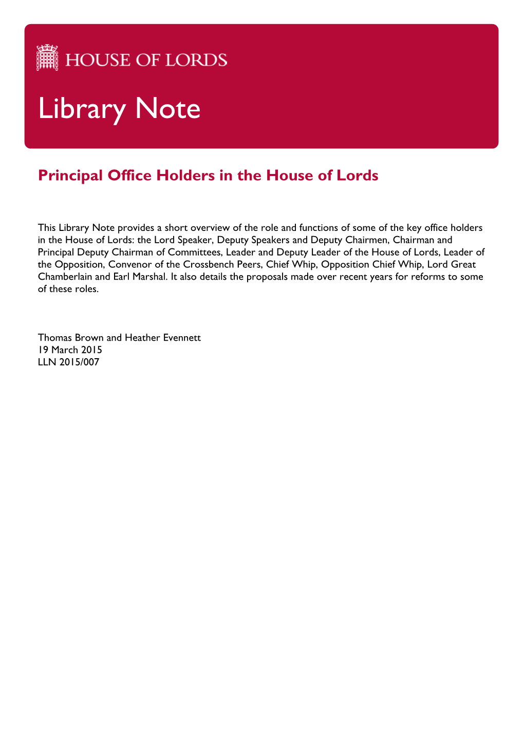 Office Holders in the House of Lords