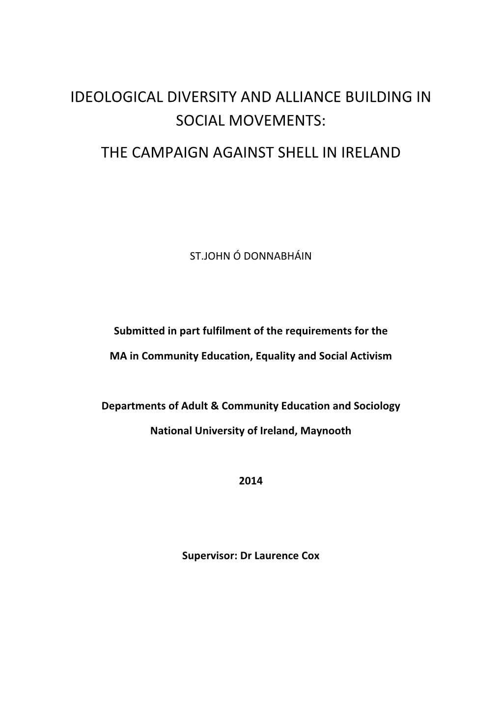 Ideological Diversity and Alliance Building in Social Movements: the Campaign Against Shell in Ireland