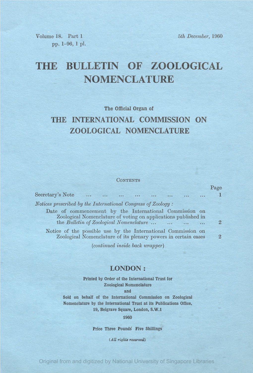The Bulletin of Zoological Nomenclature, V18 Part01