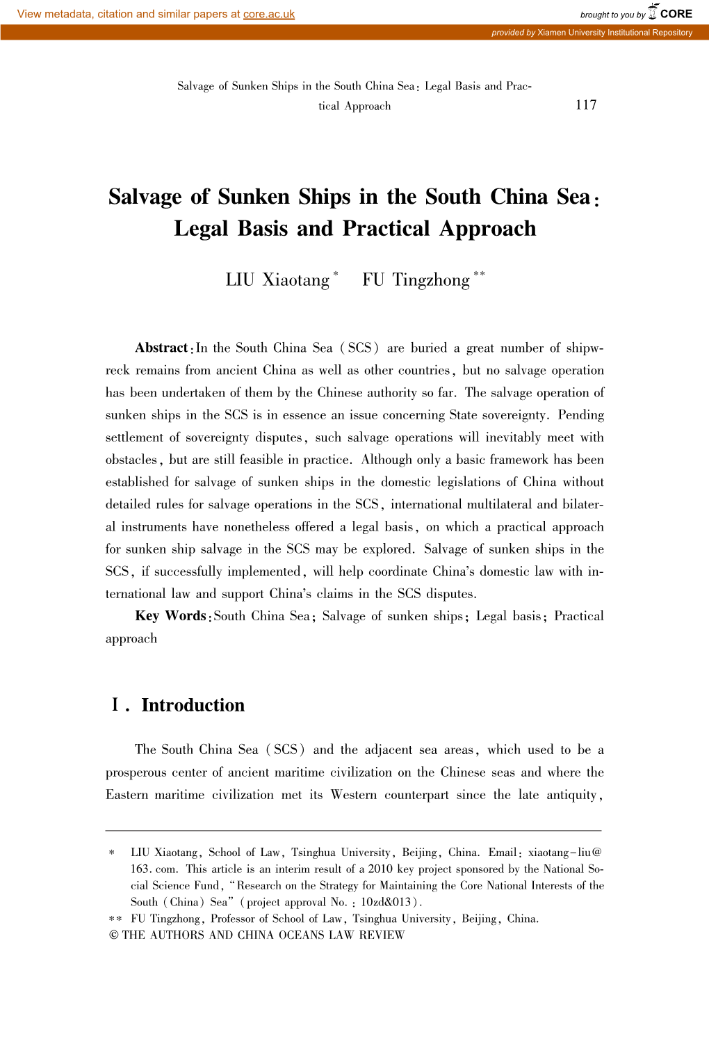 Salvage of Sunken Ships in the South China Sea: Legal Basis and Practical Approach