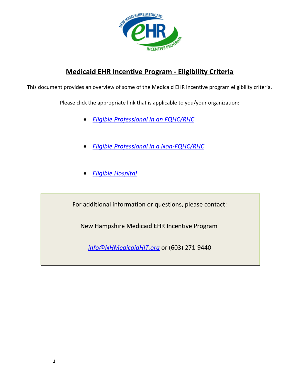 Medicaid EHR Incentive Program - Eligibility Criteria