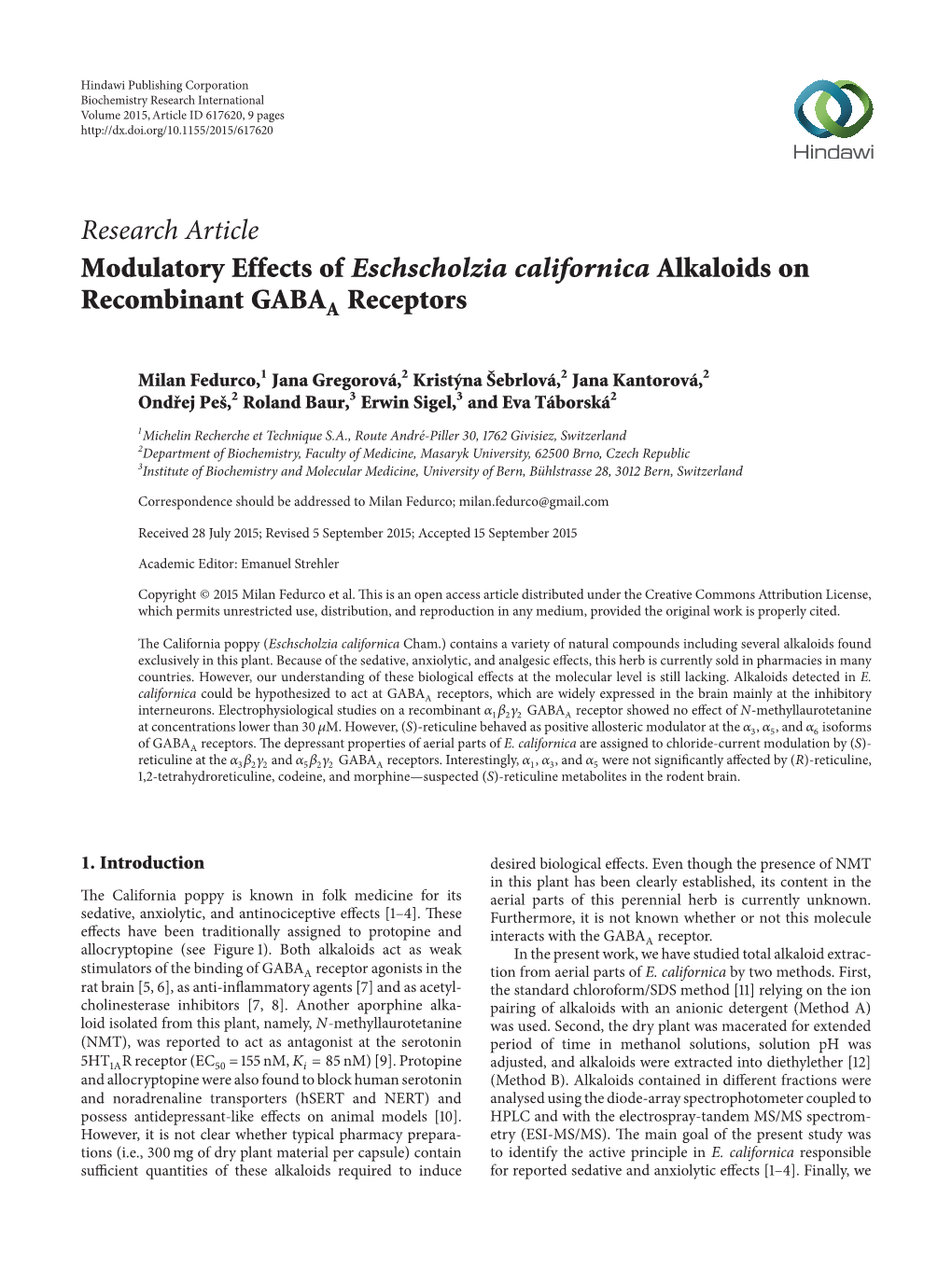 Modulatory Effects of Eschscholzia Californica Alkaloids on Recombinant GABAA Receptors