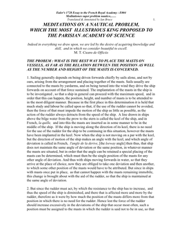 Meditations on a Nautical Problem, Which the Most Illustrious King Proposed to the Parisian Academy of Science