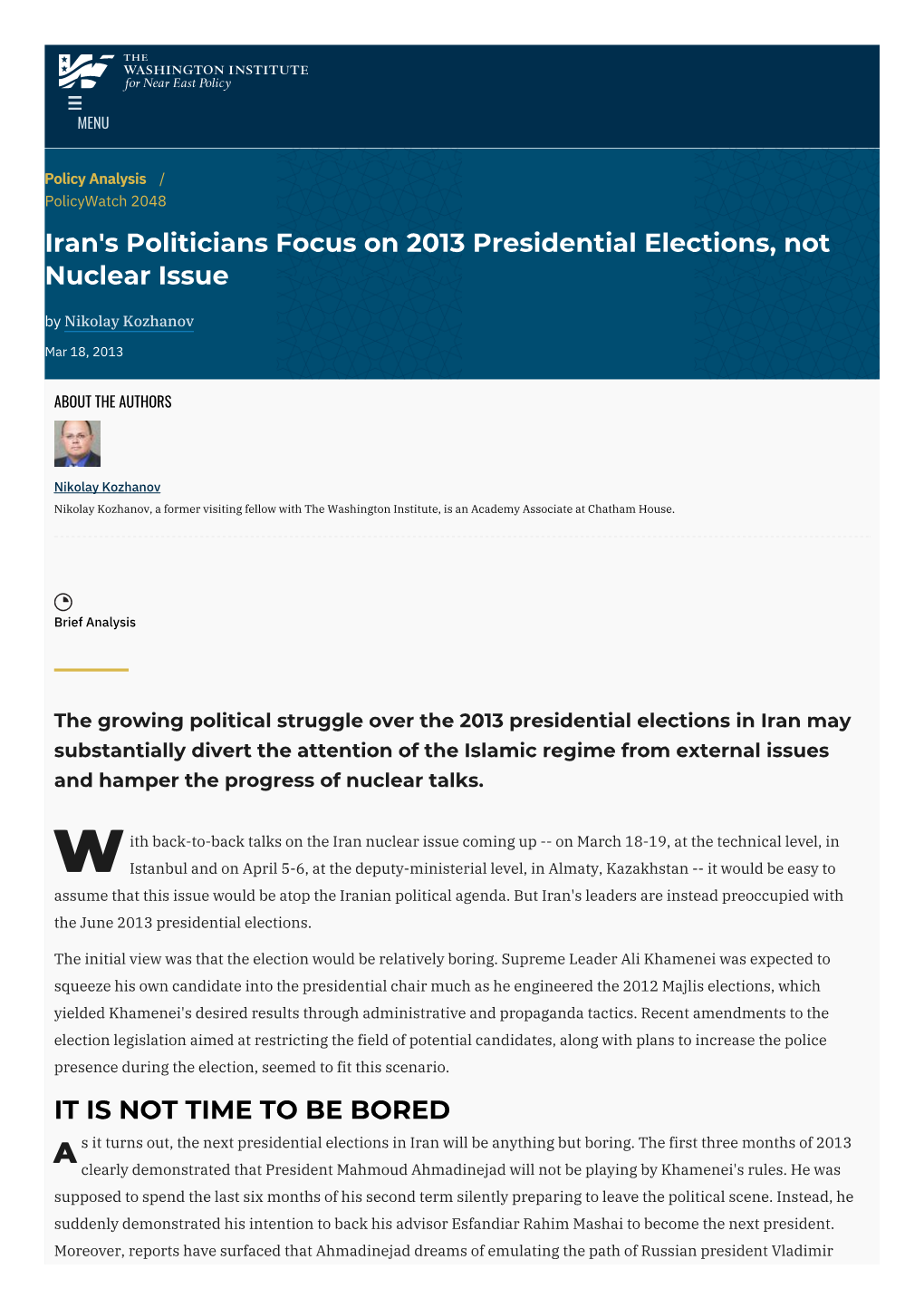 Iran's Politicians Focus on 2013 Presidential Elections, Not Nuclear Issue by Nikolay Kozhanov