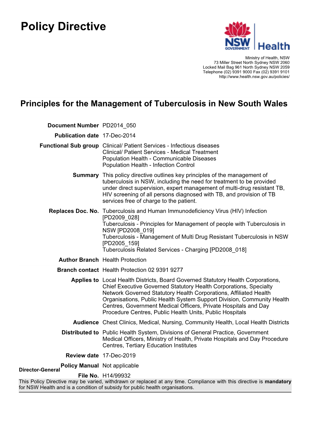 Principles for the Management of Tuberculosis in New South Wales
