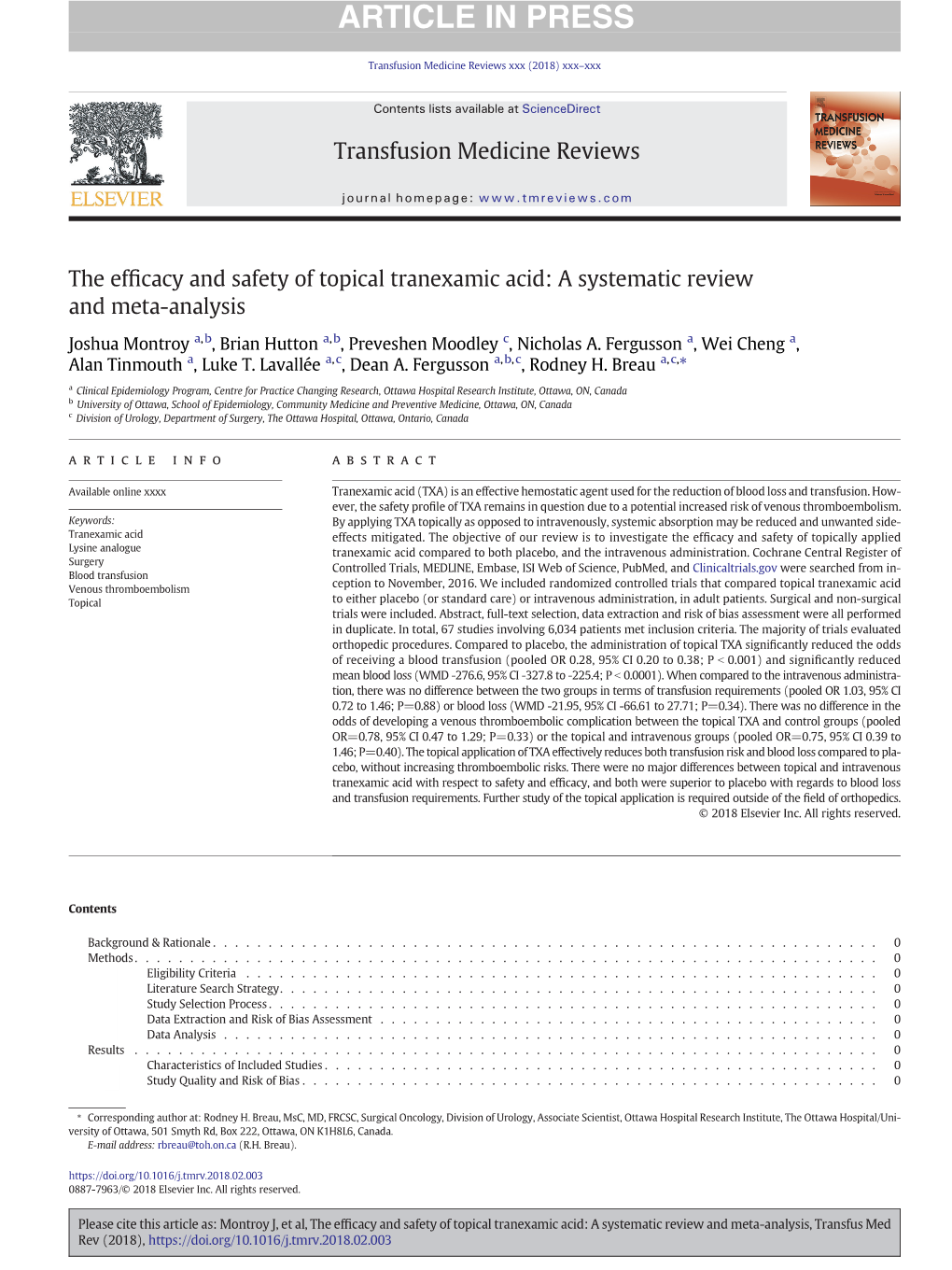 The Efficacy and Safety of Topical Tranexamic Acid