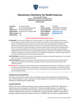 Elementary Chemistry for Health Sciences the University of Toledo College of Natural Sciences and Mathematics Department of Chemistry and Biochemistry CHEM1110–001