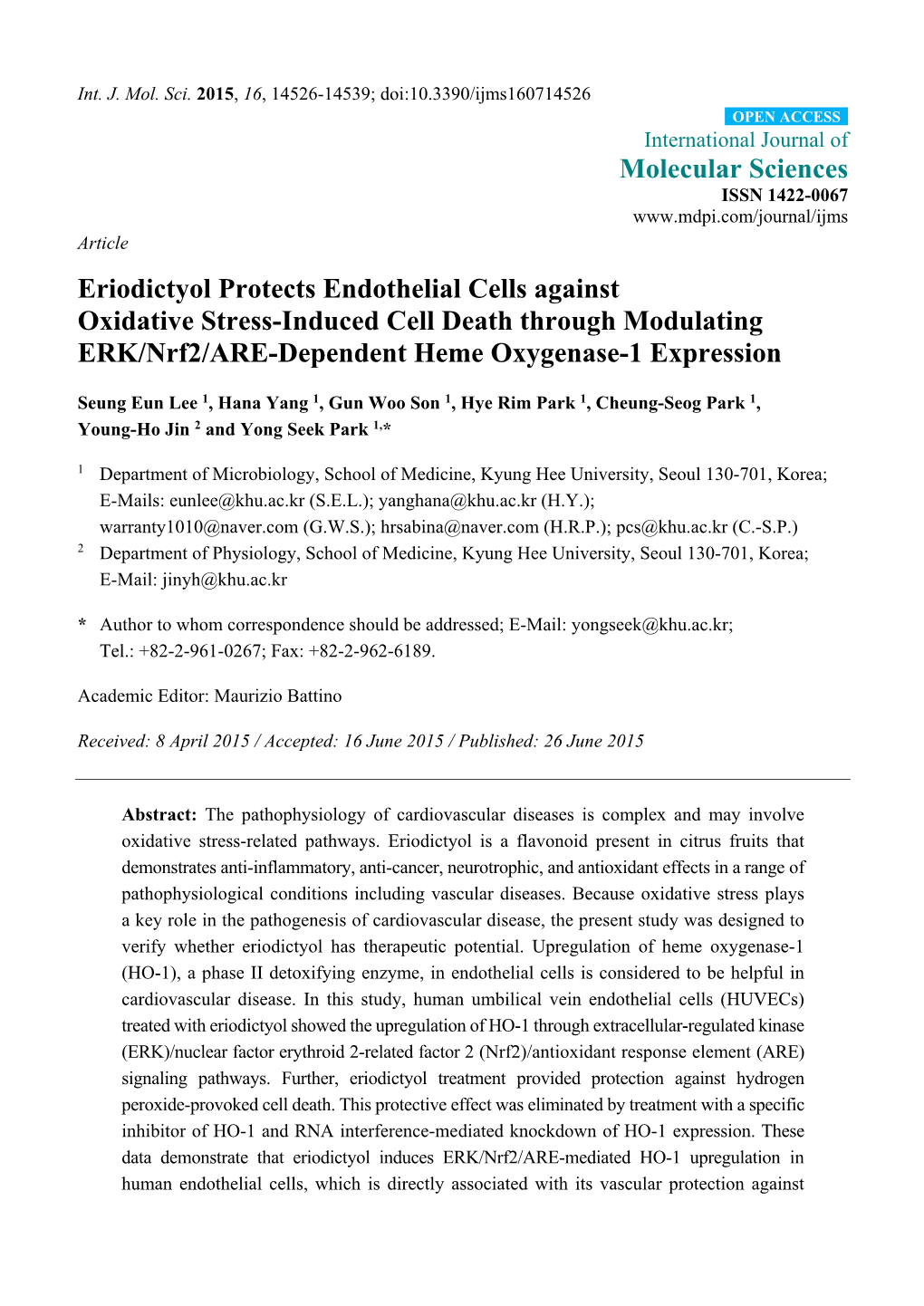 Eriodictyol Protects Endothelial Cells Against Oxidative Stress-Induced Cell Death Through Modulating ERK/Nrf2/ARE-Dependent Heme Oxygenase-1 Expression