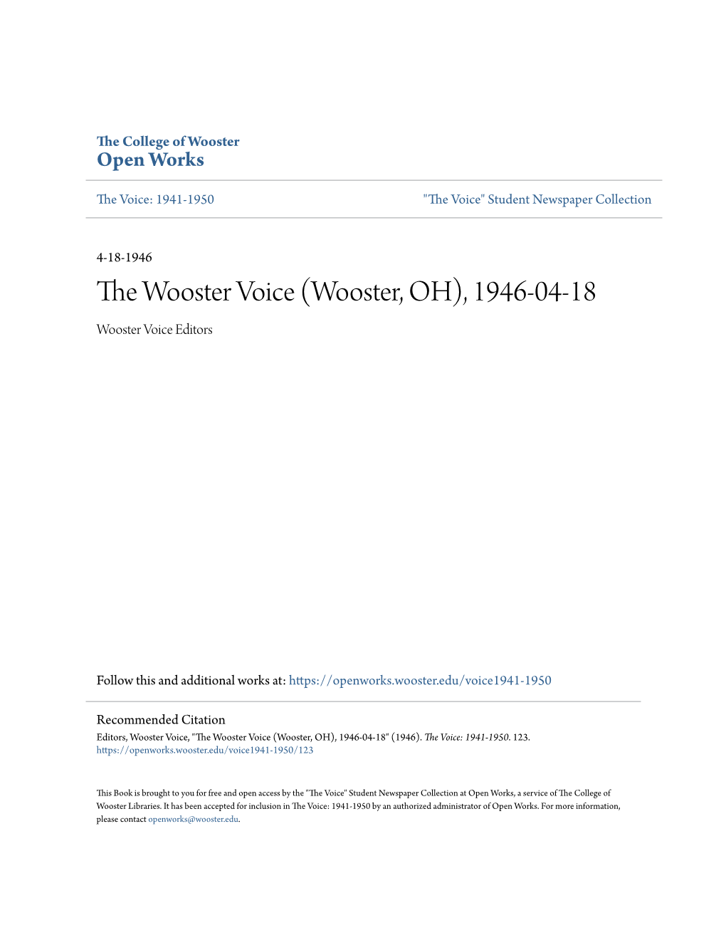 Wooster, OH), 1946-04-18 Wooster Voice Editors