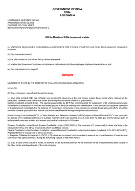 ANSWERED ON:27.02.2008 CLOSURE of COAL MINES Barman Shri Ranen;Reddy Shri Karunakara G