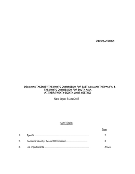 Cap/Csa/28/Dec Decisions Taken by the Unwto Commission for East Asia and the Pacific & the Unwto Commission for South Asia