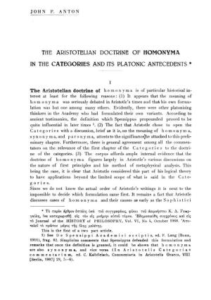 The Aristotelian Doctrine of Homonyma in the Categories