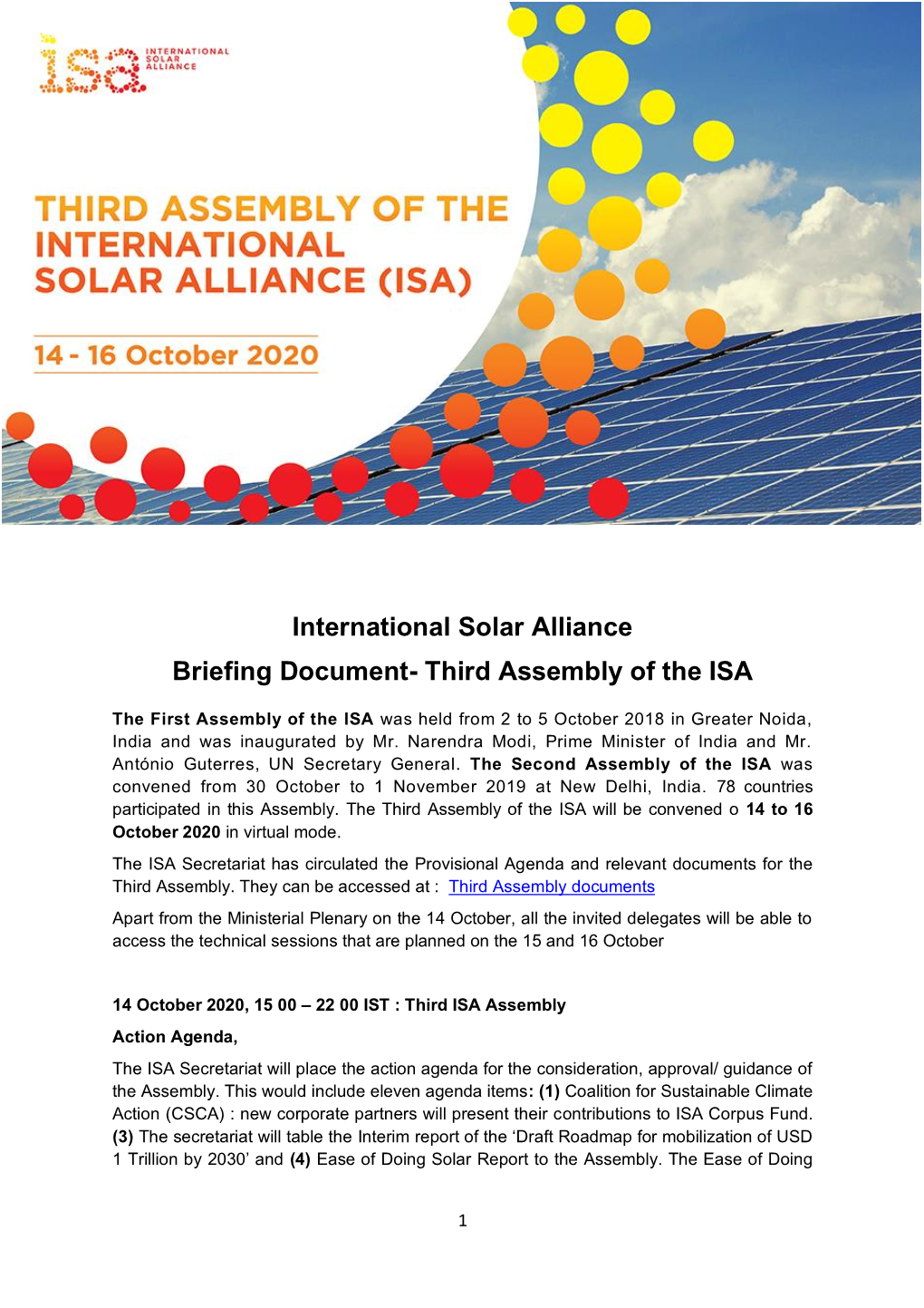 International Solar Alliance Briefing Document- Third Assembly of The