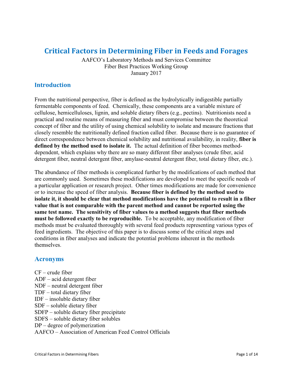 Critical Factors in Determining Fiber in Feeds and Forages