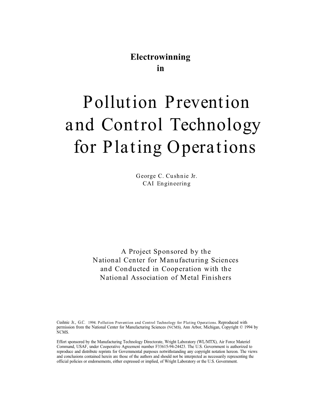 Electrowinning in Pollution Prevention and Control Technology for Plating Operations