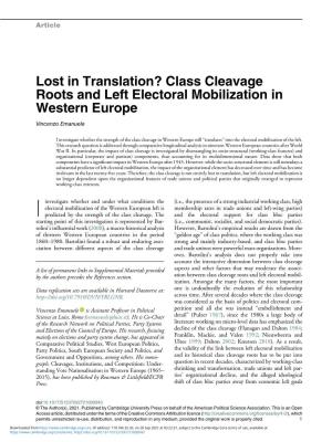 Class Cleavage Roots and Left Electoral Mobilization in Western Europe Vincenzo Emanuele