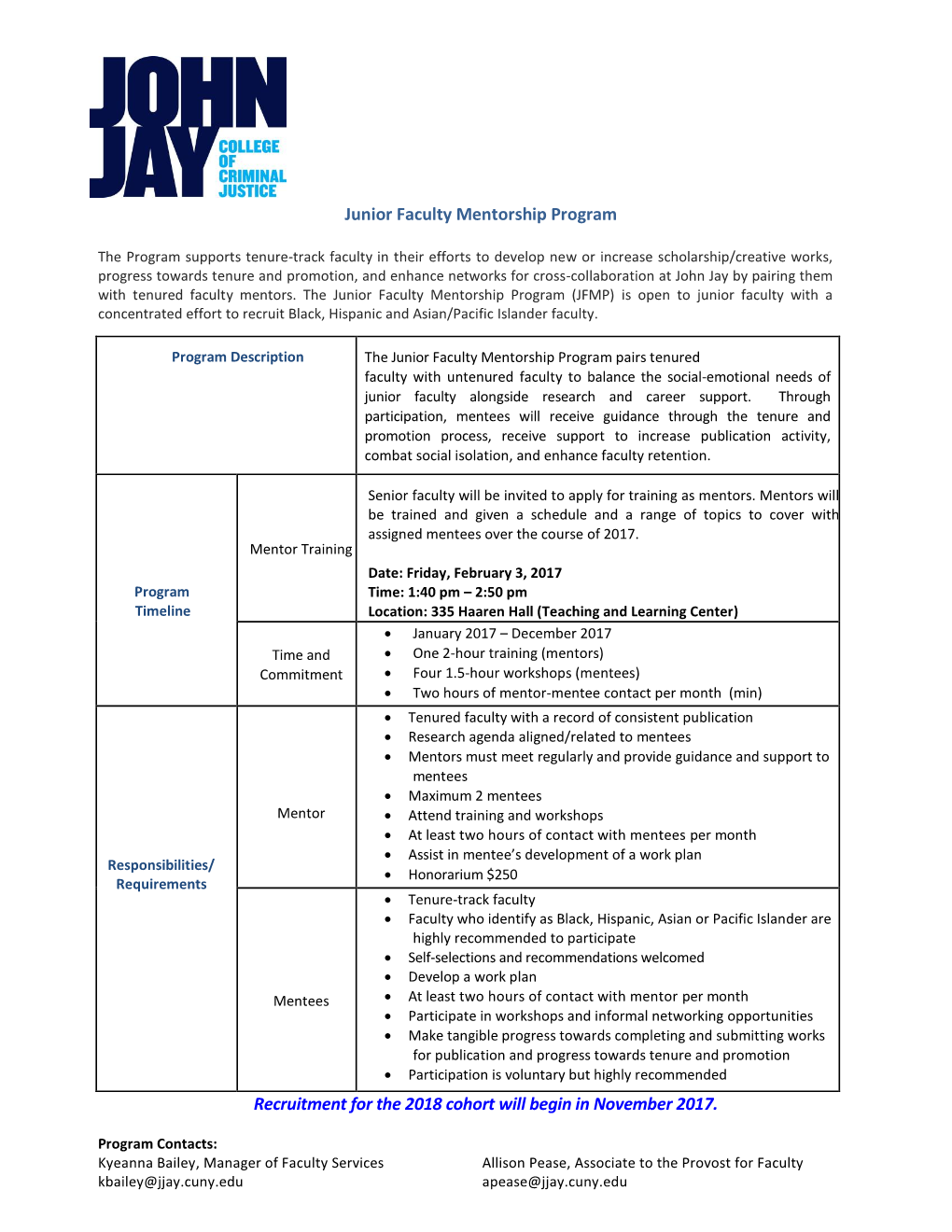 Junior Faculty Mentorship Program Recruitment for the 2018 Cohort Will