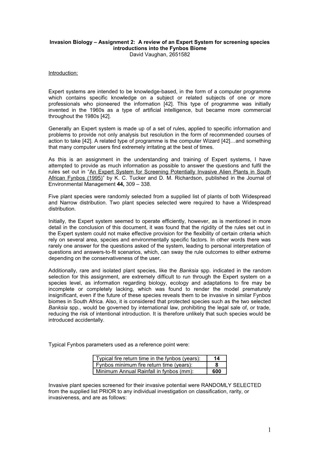 Invasion Biology Assignment 2: a Review of an Expert System for Screening Species Introductions