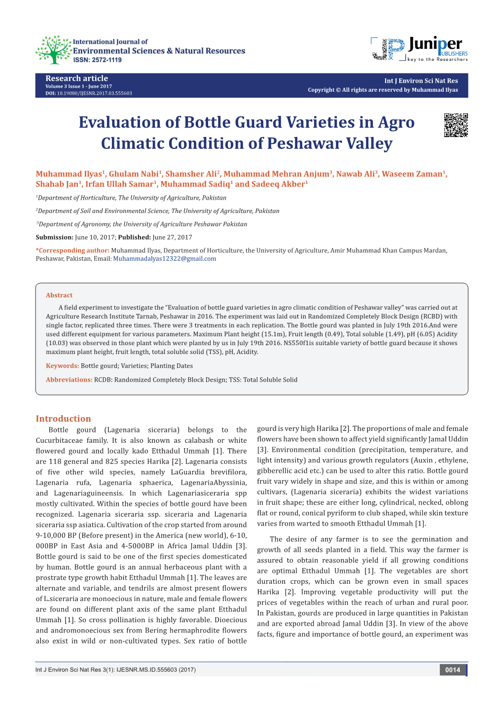 Evaluation of Bottle Guard Varieties in Agro Climatic Condition of Peshawar Valley
