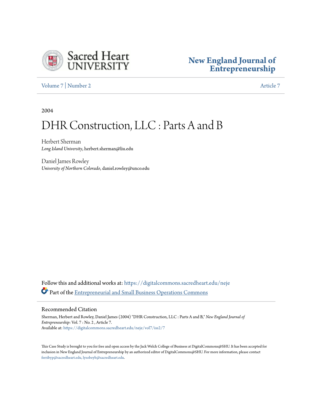 DHR Construction, LLC : Parts a and B Herbert Sherman Long Island University, Herbert.Sherman@Liu.Edu