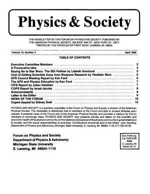 PHYSICS and SOCIETY, Volume 15, Number 2 April 1986 Page 2