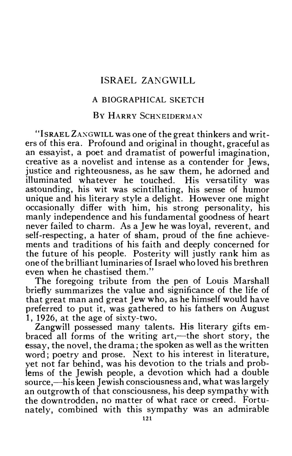 Israel Zangwill a Biographical Sketch