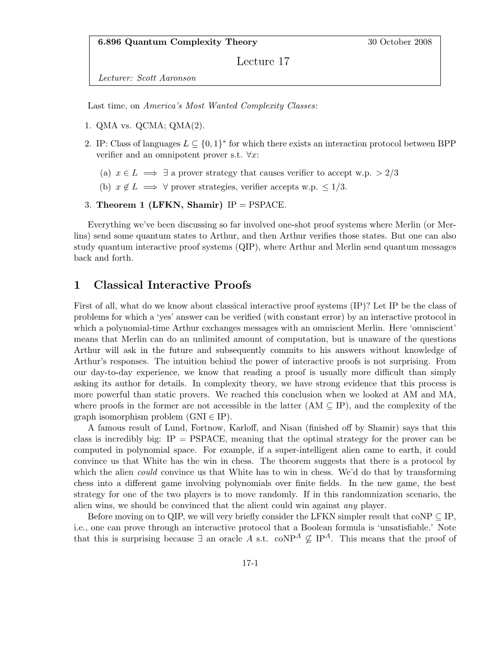 6.845 Quantum Complexity Theory, Lecture 17