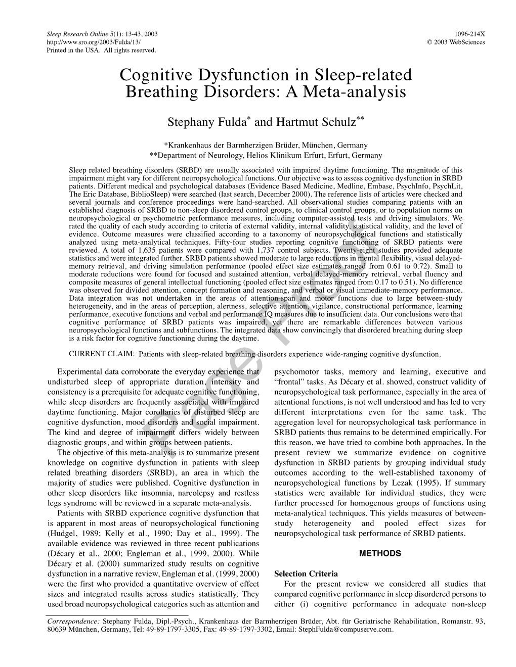 Cognitive Dysfunction in Sleep-Related Breathing Disorders: a Meta-Analysis