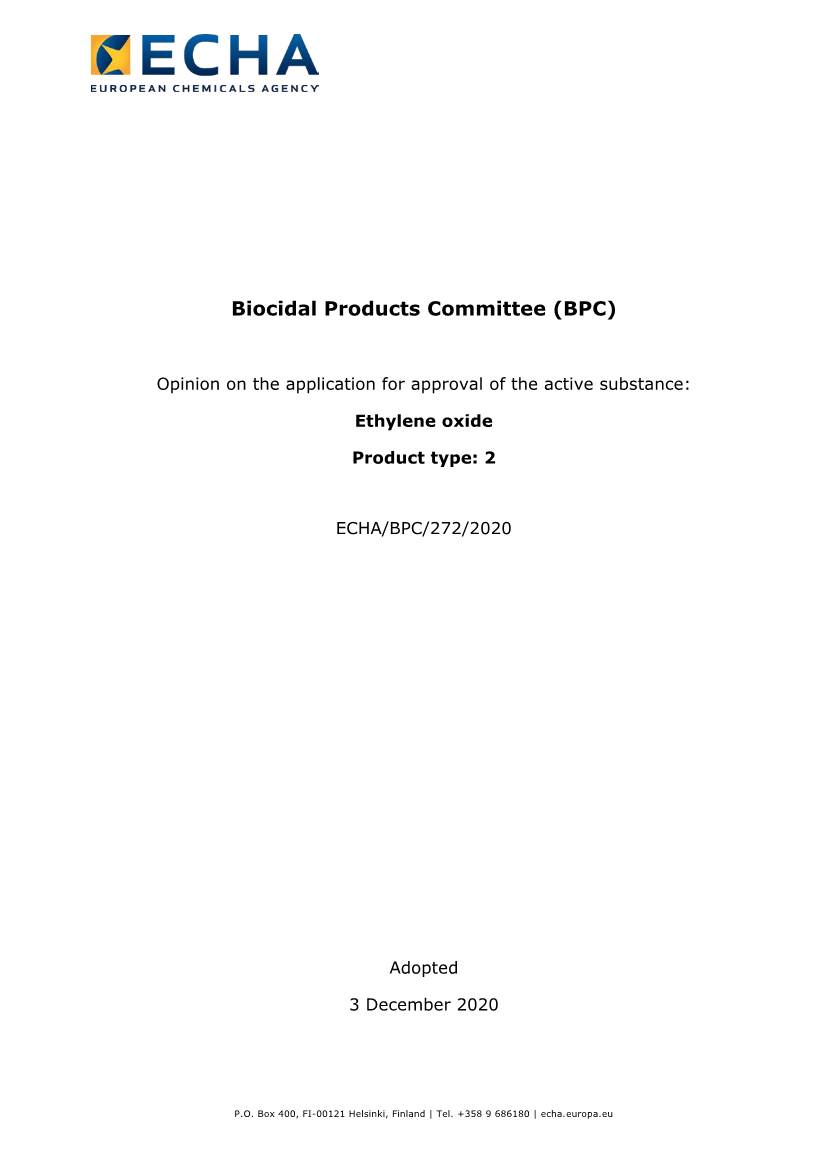 Ethylene Oxide Product Type: 2 ECHA/BPC/272/2020 Adopted 3