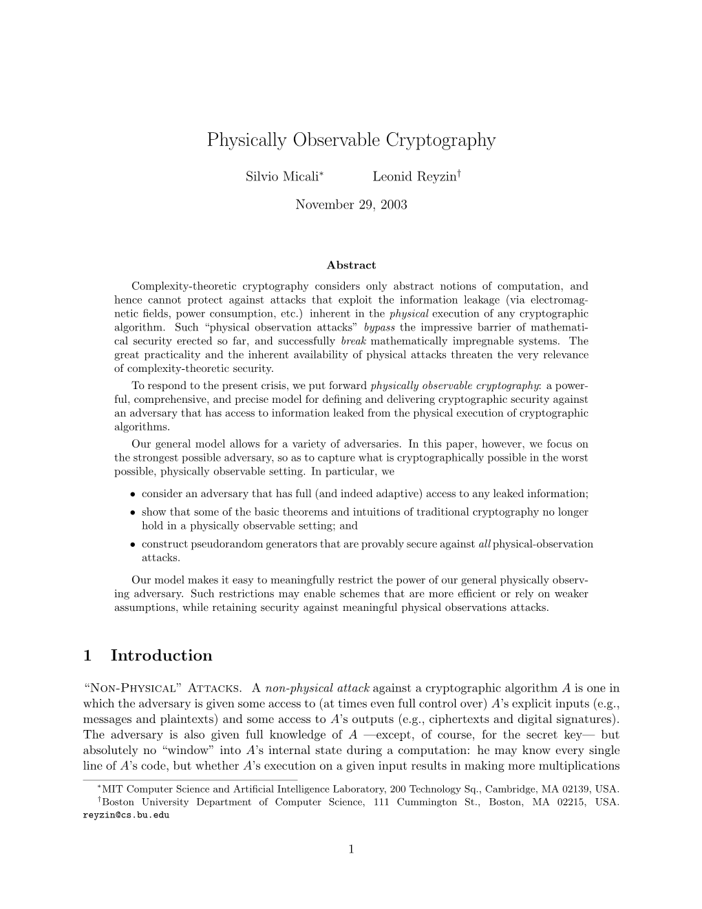 Physically Observable Cryptography