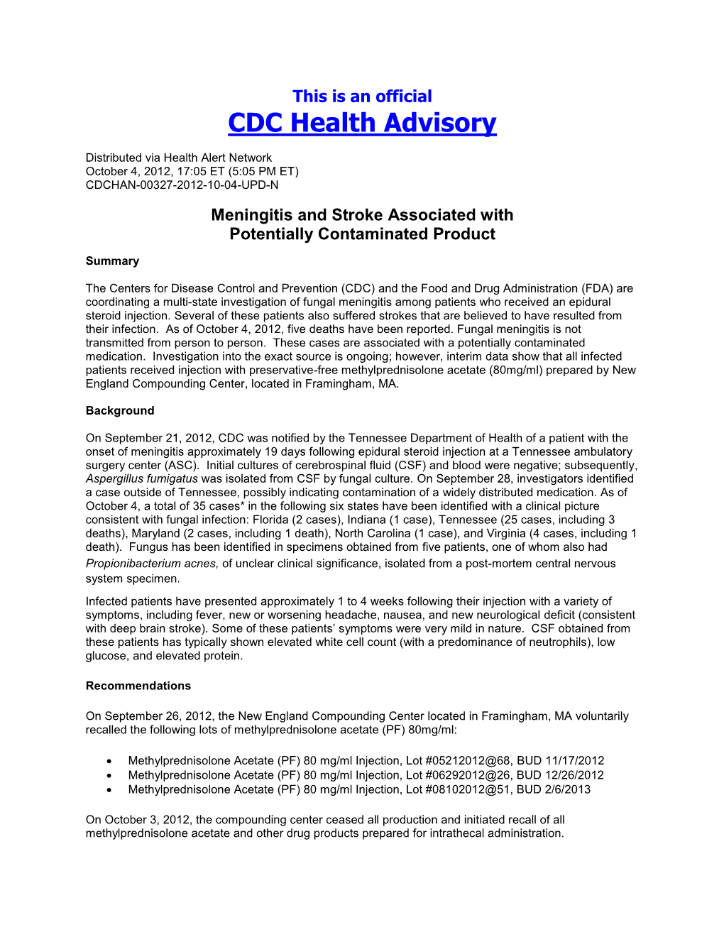 CDC Health Advisory