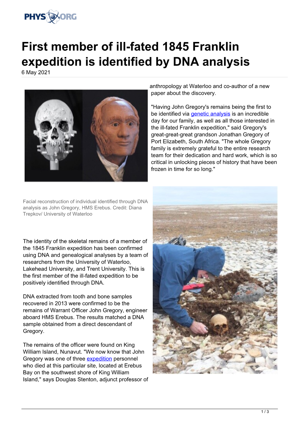 First Member of Ill-Fated 1845 Franklin Expedition Is Identified by DNA Analysis 6 May 2021