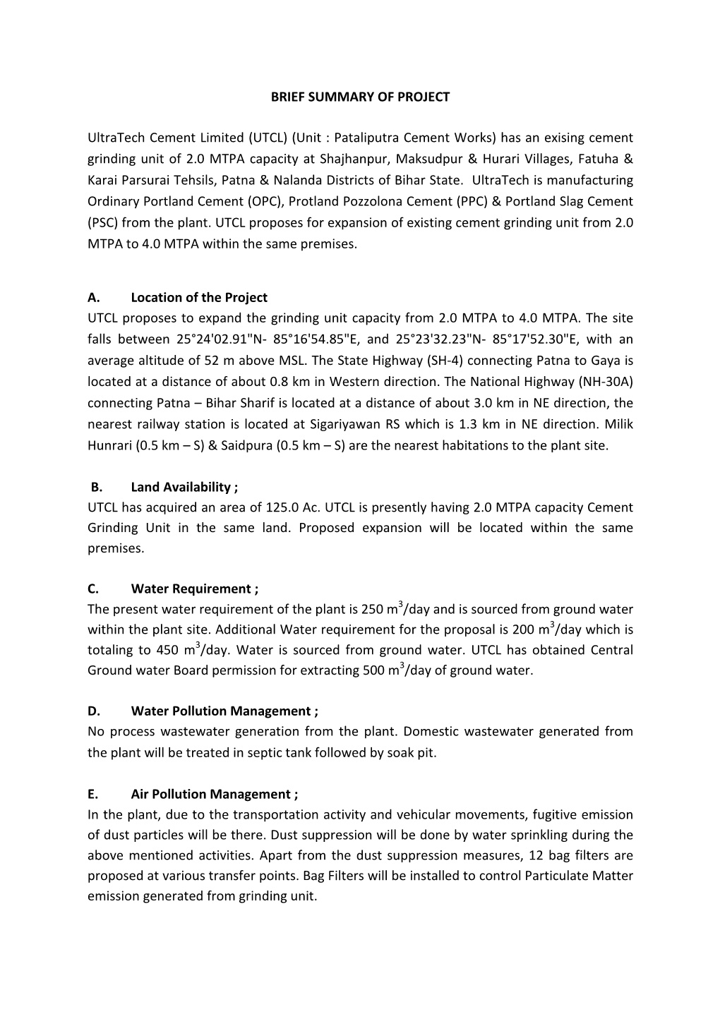 BRIEF SUMMARY of PROJECT Ultratech Cement Limited (UTCL)