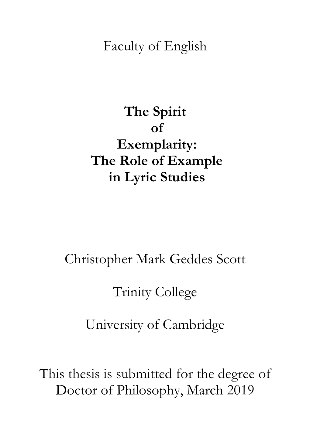 Faculty of English the Spirit of Exemplarity
