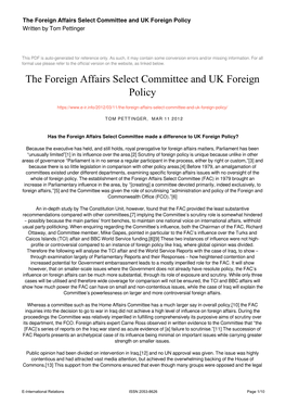 The Foreign Affairs Select Committee and UK Foreign Policy Written by Tom Pettinger