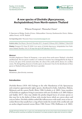 A New Species of Dischidia (Apocynaceae, Asclepiadoideae) from North-Eastern Thailand