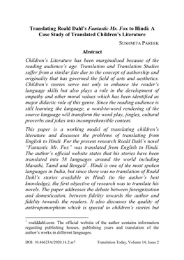 Translating Roald Dahl's Fantastic Mr. Fox to Hindi: a Case Study of Translated Children's Literature Abstract Children's