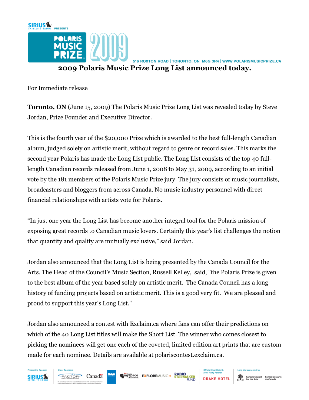 2009 Polaris Music Prize Long List Announced Today