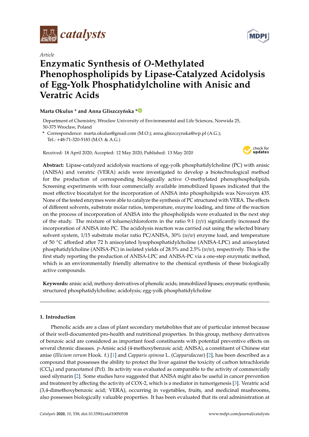 Enzymatic Synthesis of O-Methylated Phenophospholipids by Lipase-Catalyzed Acidolysis of Egg-Yolk Phosphatidylcholine with Anisic and Veratric Acids